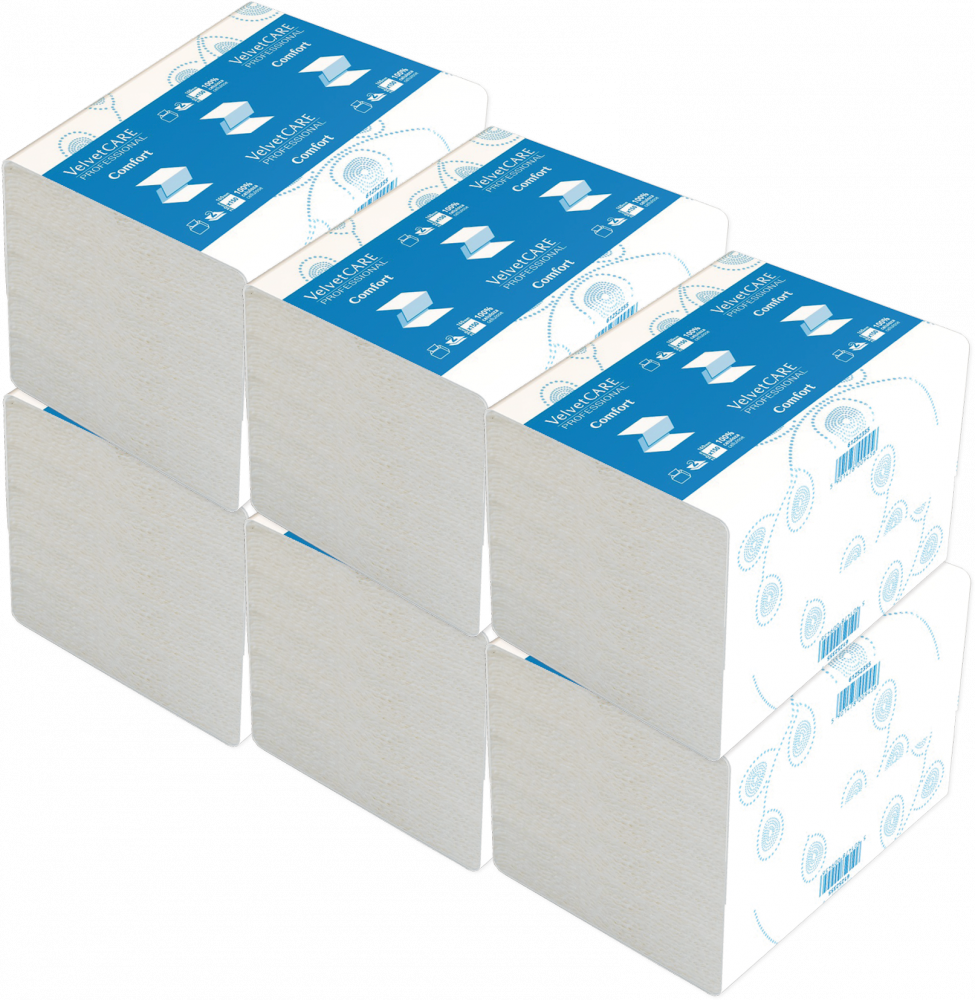 6x Serwetki dyspenserowe VelvetCARE Professional Comfort, 23x16cm, 2-warstwowe, 150 listków, biały