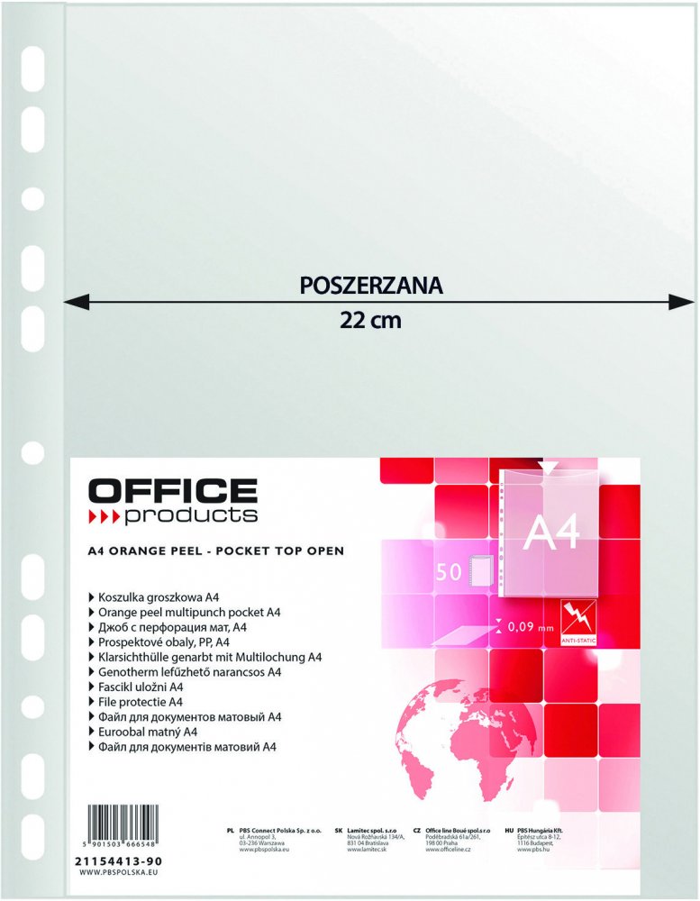 Koszulki groszkowe Office Products, poszerzane, A4, 90 μm, 50 sztuk, transparentny