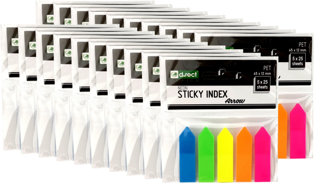 20x Zakładki samoprzylepne D.Rect transparentne strzałki, indeksujące, 45x12mm, 5x25 sztuk, mix kolorów