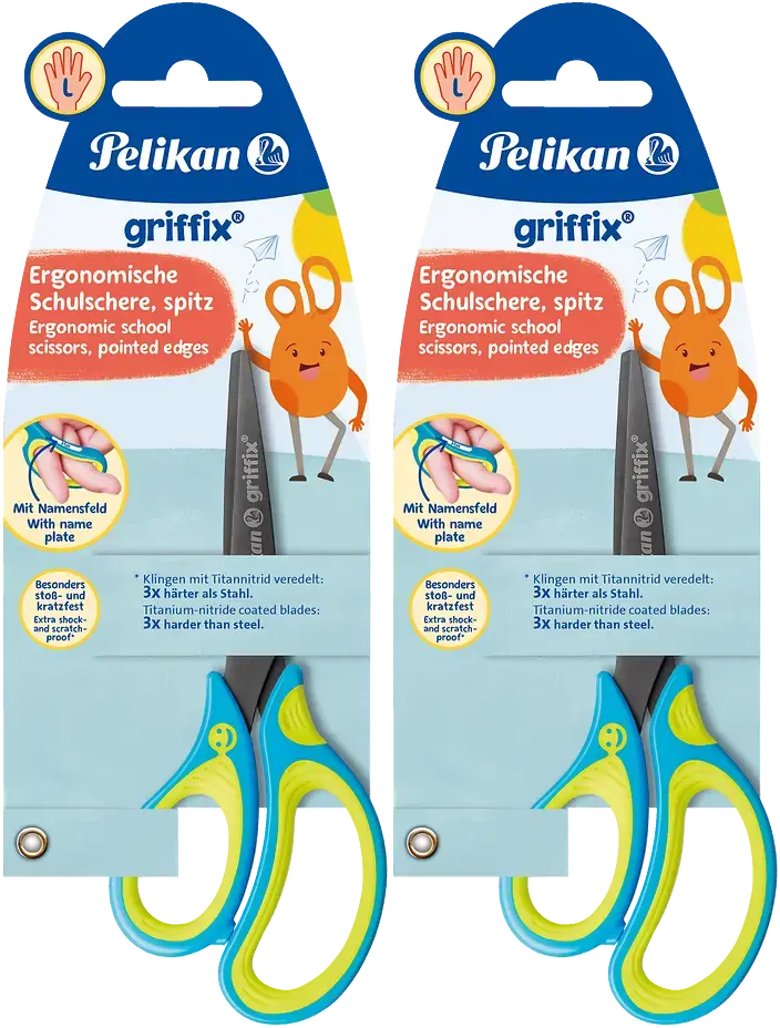 2x Nożyczki dla dzieci Pelikan Griffix, tytanowe, dla leworęcznych, 15cm, żółto-niebieski