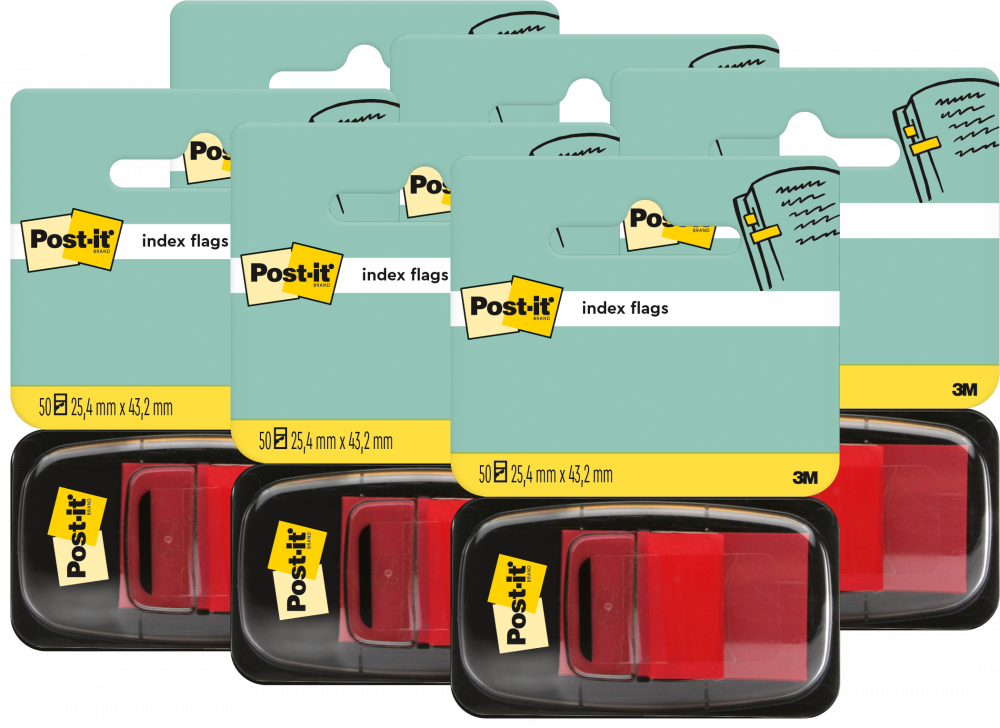 6x Zakładki samoprzylepne Post-it proste, indeksujące, folia, półtransparentne, 25x43mm, 1x50 sztuk, czerwony