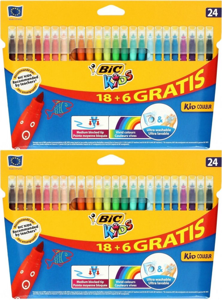 2x Flamastry Bic Kids Kid Couleur, 2.8mm, 18+6 sztuk, mix kolorów
