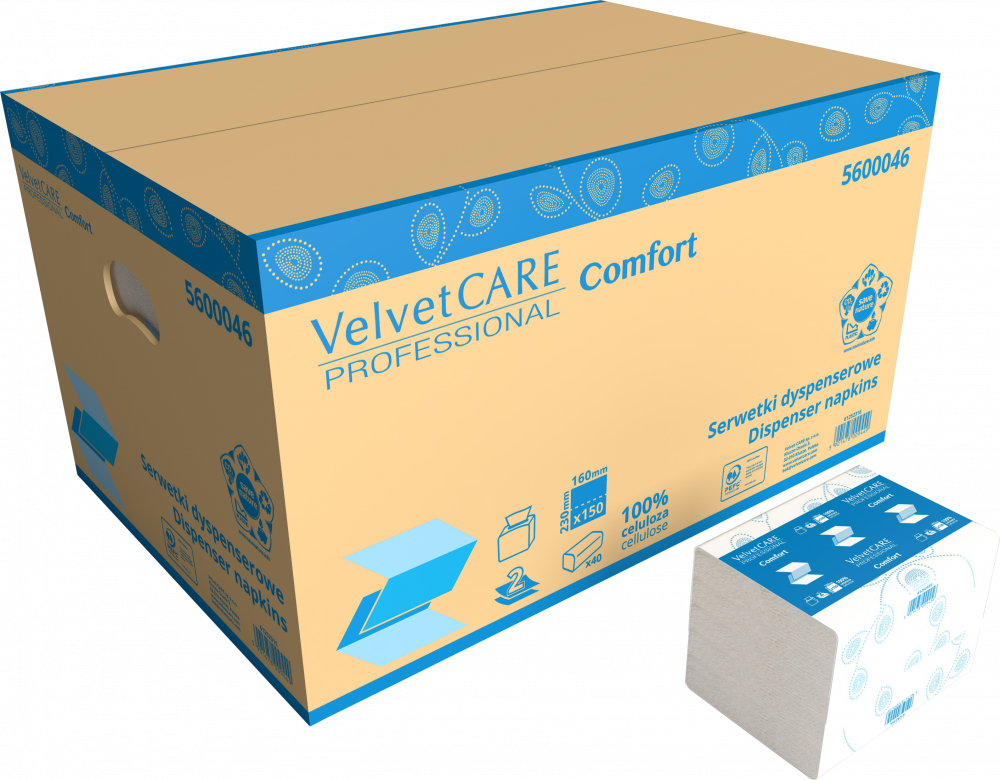 40x Serwetki dyspenserowe VelvetCARE Professional Comfort, 23x16cm, 2-warstwowe, 150 listków, biały