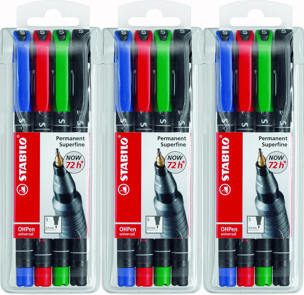 3x Foliopis Stabilo, OHPen, okrągła, 0.4 mm (S), 4 sztuki, mix kolorów