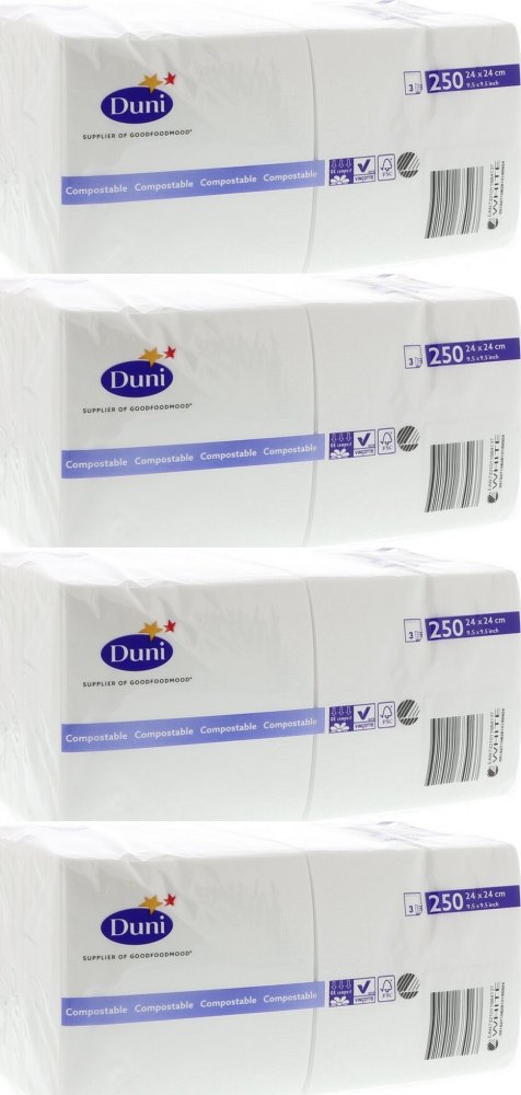 4x Serwetki Duni, 24x24cm, 3-warstwowe, 250 sztuk, biały