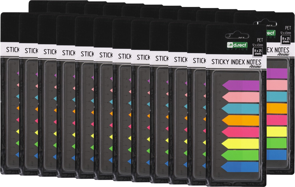 24x Zakładki samoprzylepne z linijką D.Rect, strzałki, indeksujące, folia, 12x45mm, 8x25 sztuk, mix kolorów neonowych