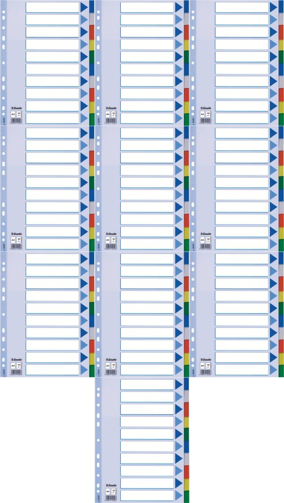 10x Przekładki do segregatora Esselte, plastikowe, A4, 10 kart, mix kolorów
