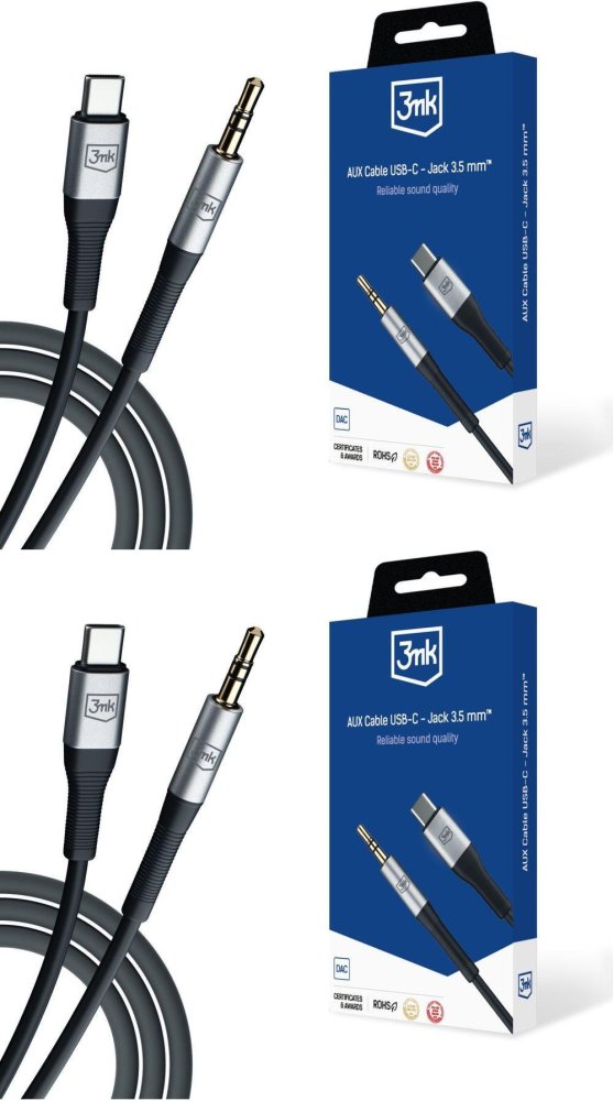 2x Kabel AUX 3mk USB-C/ Jack 3.5 mm, 1m, czarny