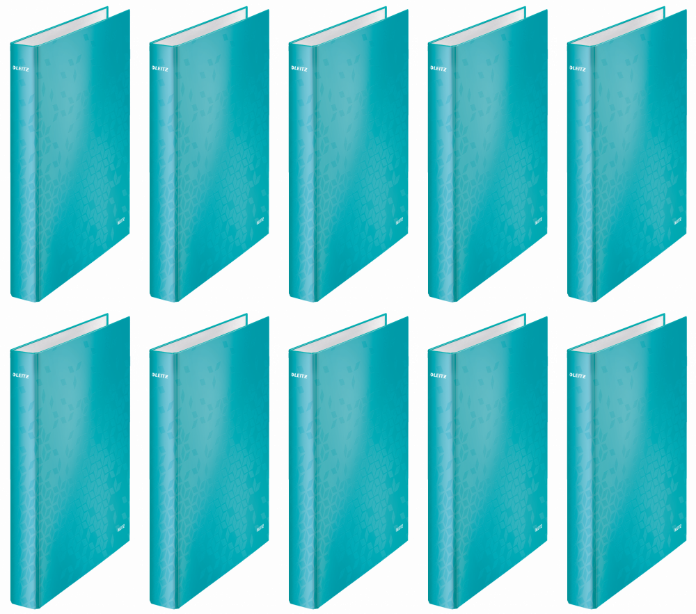 10x Segregator Leitz Wow, A4, szerokość grzbietu 40mm, do 250 kartek, 4 ringi, turkusowy