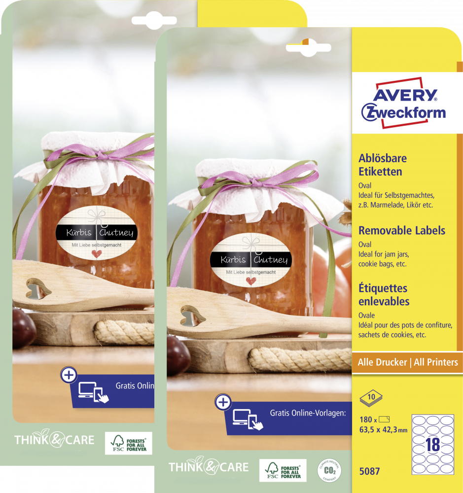 2x Etykiety usuwalne na słoiki Avery Zweckform, owalne, 63.5x42.3mm, 10 arkuszy, 180 sztuk, biały