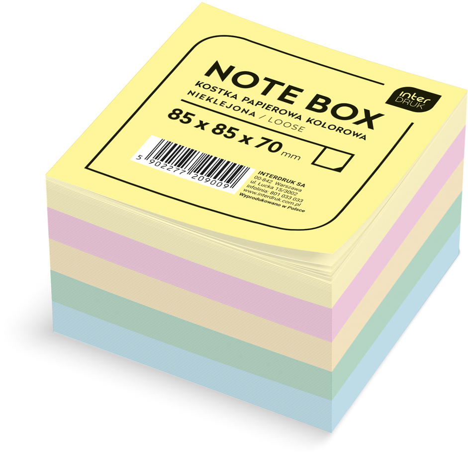 Karteczki do notatek Interdruk, nieklejone, 85x85x70mm, 500 kartek, mix kolorów pastelowych