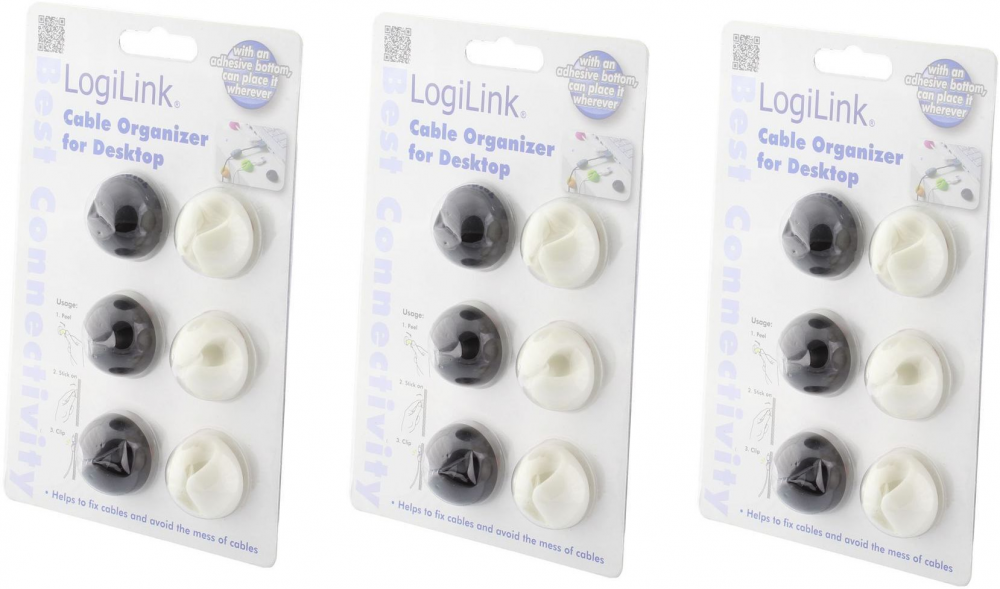 3x organizer do kabli LogiLink, samoprzylepne, 6 sztuk, czarno-biały