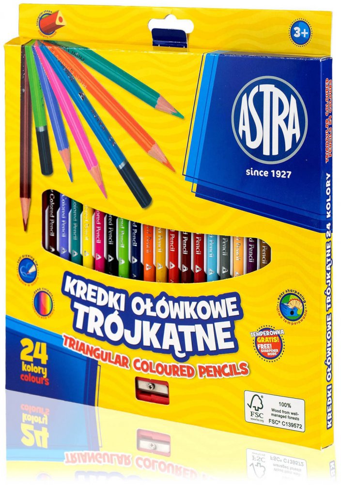Kredki ołówkowe Astra, trójkątne, 24 sztuki + temperówka, mix kolorów