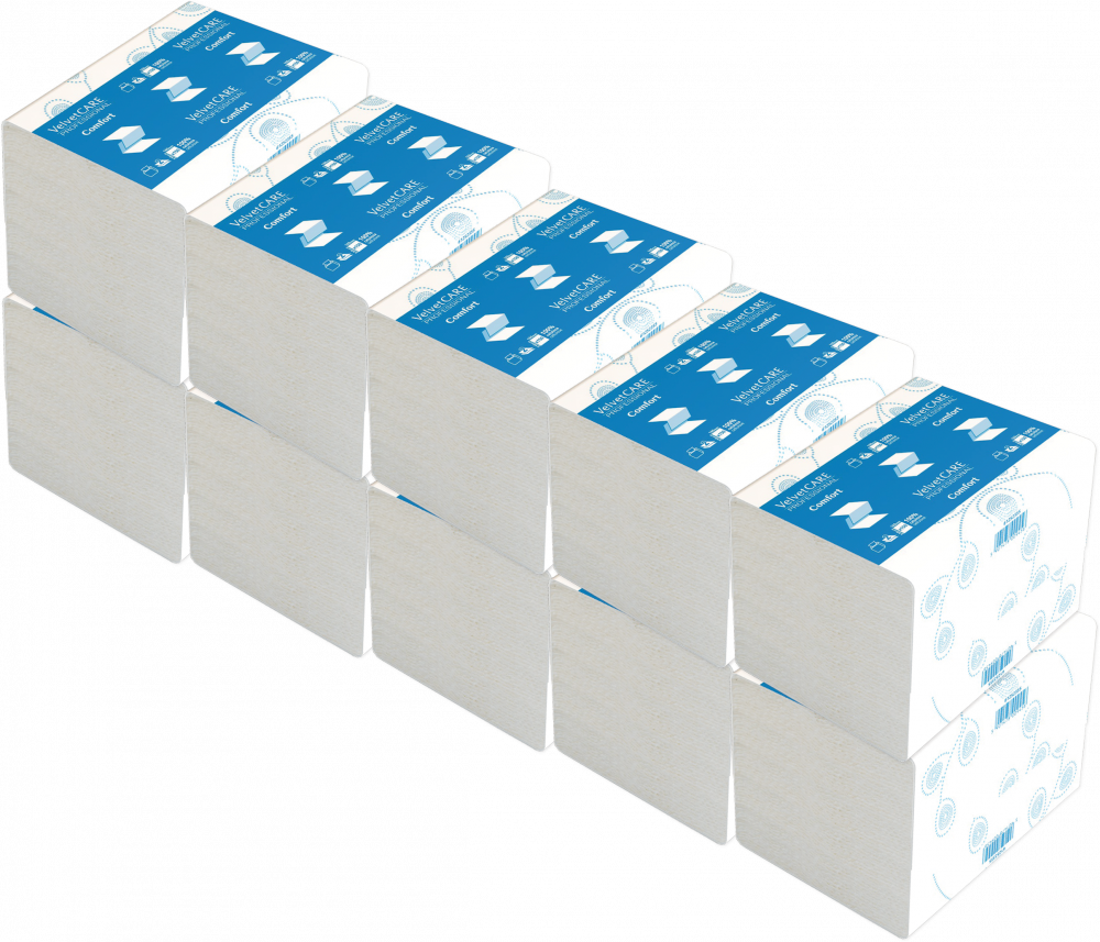 10x Serwetki dyspenserowe VelvetCARE Professional Comfort, 23x16cm, 2-warstwowe, 150 listków, biały