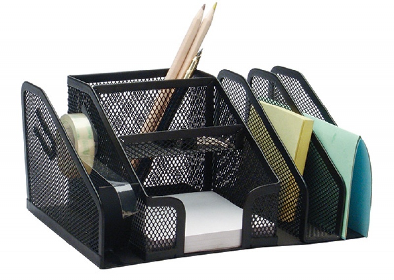 Przybornik na biurko Q-Connect Office Set, bez wyposażenia, metalowy (druciany), 7 przegród, 205x145x100mm, czarny