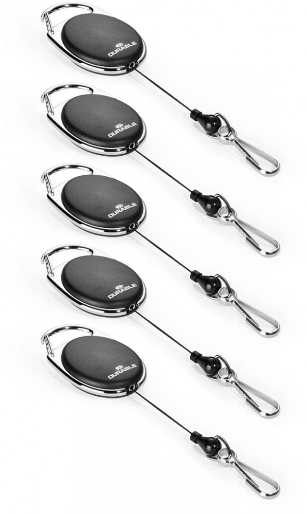 5x Mechanizm ściągający Durable Jojo Style, metalowe zapięcie - karabińczyk, linka 80cm, czarny