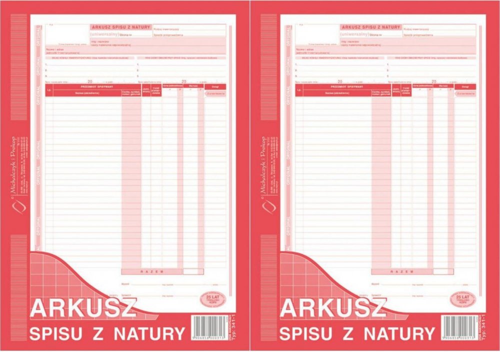 2x Druk akcydensowy Arkusz spisu z natury MiP 341-1, A4, 1 kopia, 48k