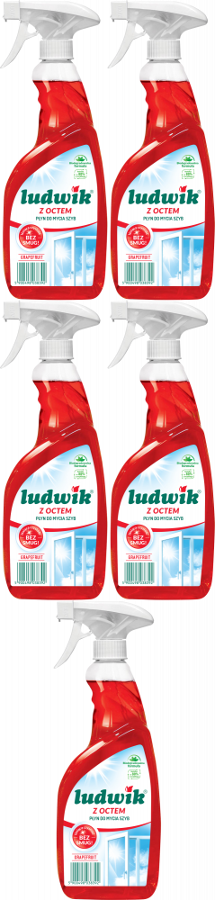 5x Płyn do mycia szyb i glazury Ludwik, z rozpylaczem, grapefruit z octem, 600ml