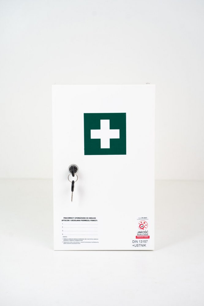 Apteczka ścienna PK-MOT 40.2, z wyposażeniem DIN 13157 + aparat, biały