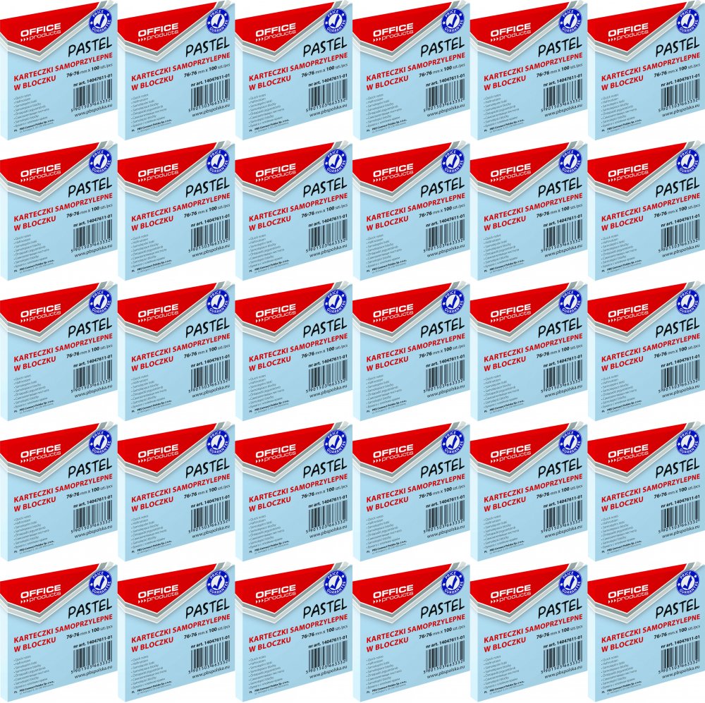 36x Karteczki samoprzylepne Office Products, 76x76mm, 100 karteczek, niebieski pastelowy