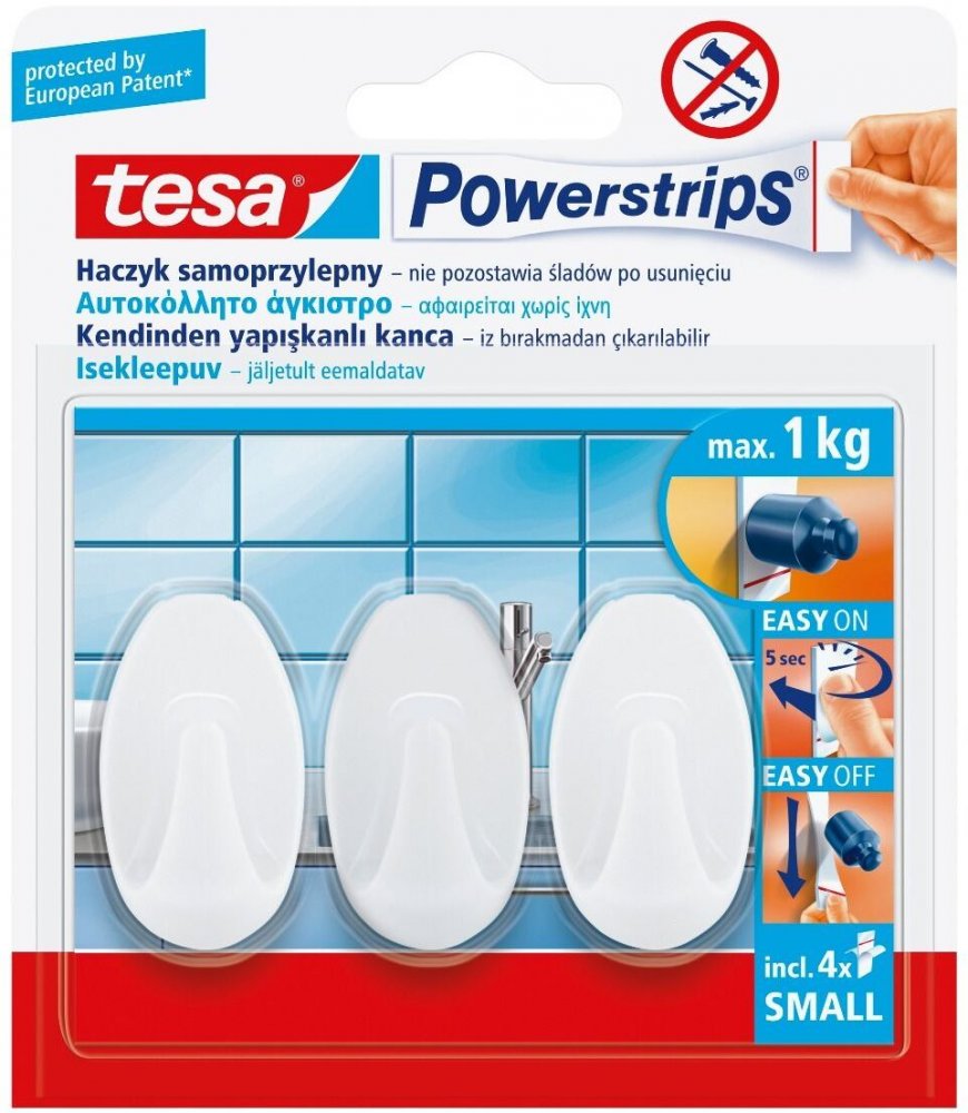 Haczyki samoprzylepne Tesa Powerstrips, małe, 3 haki+4 paski, biały