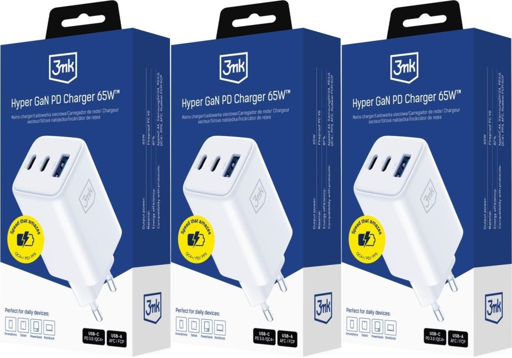 3x Ładowarka sieciowa 3mk Hyper GaN Charger 65W, QC4+ PD PPS, 2xUSB-C/USB-A, biały