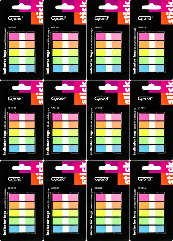 12x Zakładki samoprzylepne Grand GR-113-25, indeksujące, 45x12 mm, 5x25 sztuk, mix kolorów