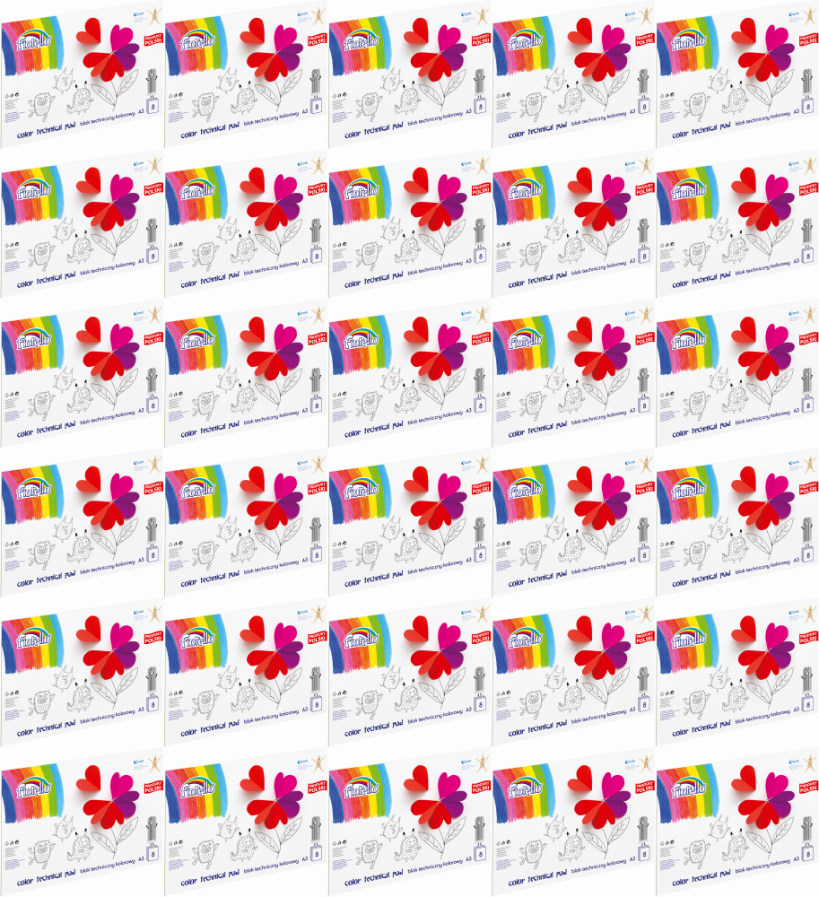 40x Blok techniczny kolorowy Fiorello, A3, 8 kartek, kolorowy