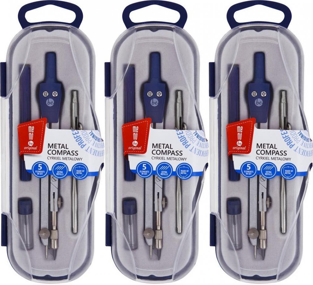 3x Cyrkiel szkolny MemoBe, z 5 elementami, srebrny