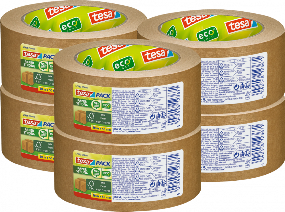 6x Taśma pakowa papierowa tesa Paper Strong ecoLogo, 50mm x 50m, brązowy