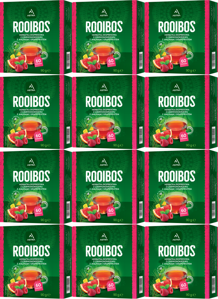 12x Herbata Rooibos w torebkach Astra, malina i grapefruit, 60 sztuk x 1.5g