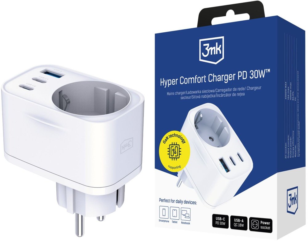Ładowarka sieciowa 3mk Hyper Comfort Charger GaN PD 30W, QC PPS, 2xUSB-C/USB-A/gniazdo sieciowe, biały