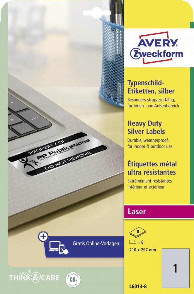 Etykiety znamionowe Avery Zweckform, 210x297mm, 8 arkuszy, srebrny