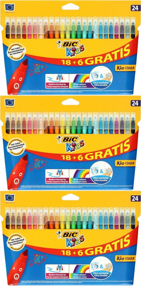 3x Flamastry Bic Kids Kid Couleur, 2.8mm, 18+6 sztuk, mix kolorów