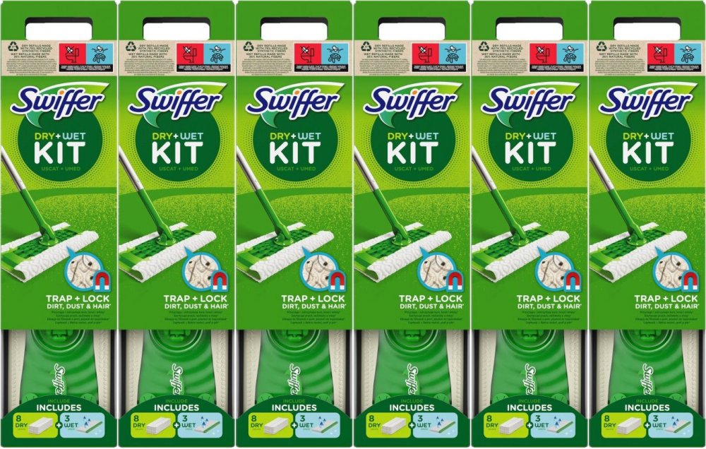 6x Zestaw startowy Swiffer Sweeper, mop + 8 sztuk suche ściereczki + 3 sztuki mokre ściereczki