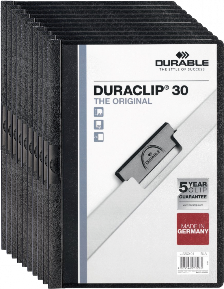 10x Skoroszyt zaciskowy Durable DuraClip, A4, plastikowy, do 30 kartek, czarny