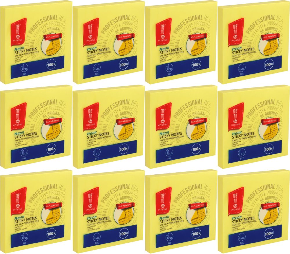12x Karteczki samoprzylepne MemoBe, 75x75mm, 100 karteczek, neonowy żółty