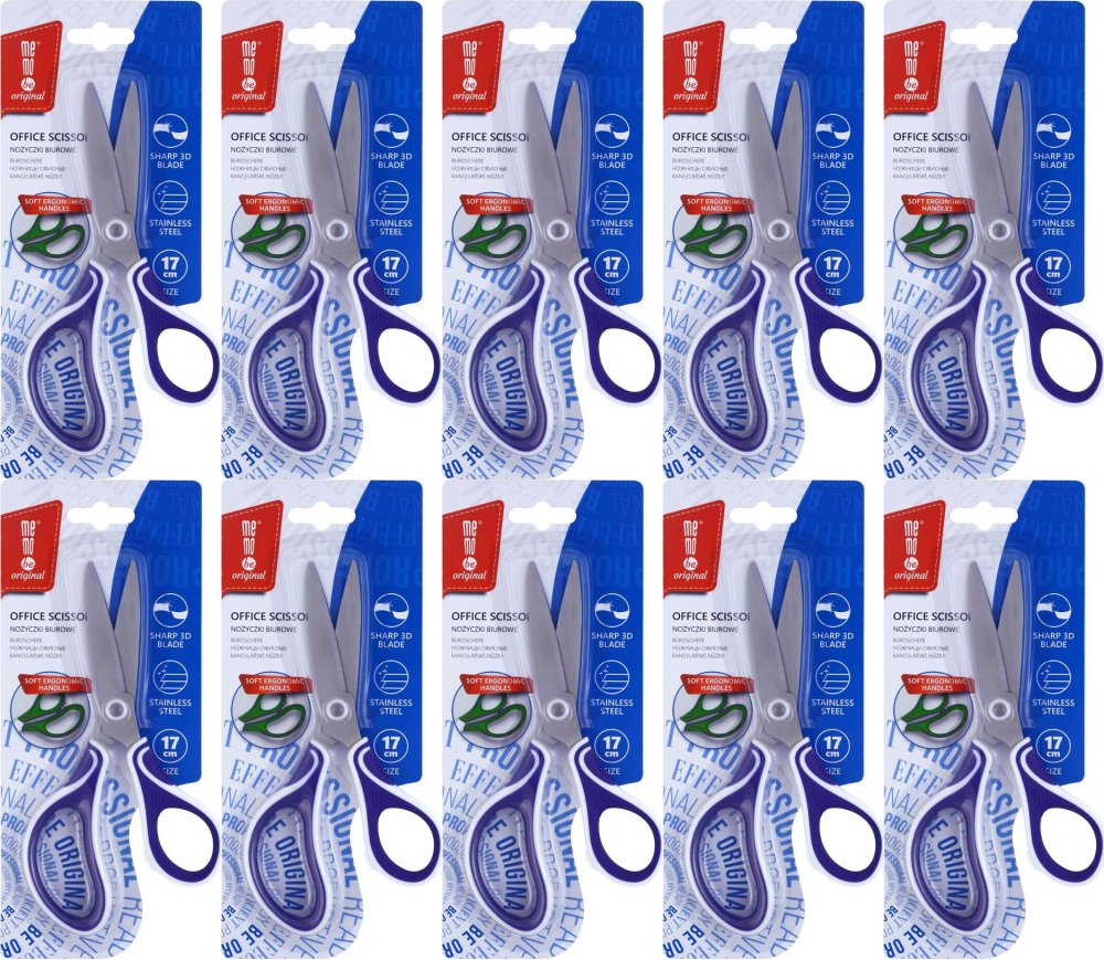 10x Nożyczki biurowe MemoBe, profilowane, ostrze 3D, 17cm, mix kolorów