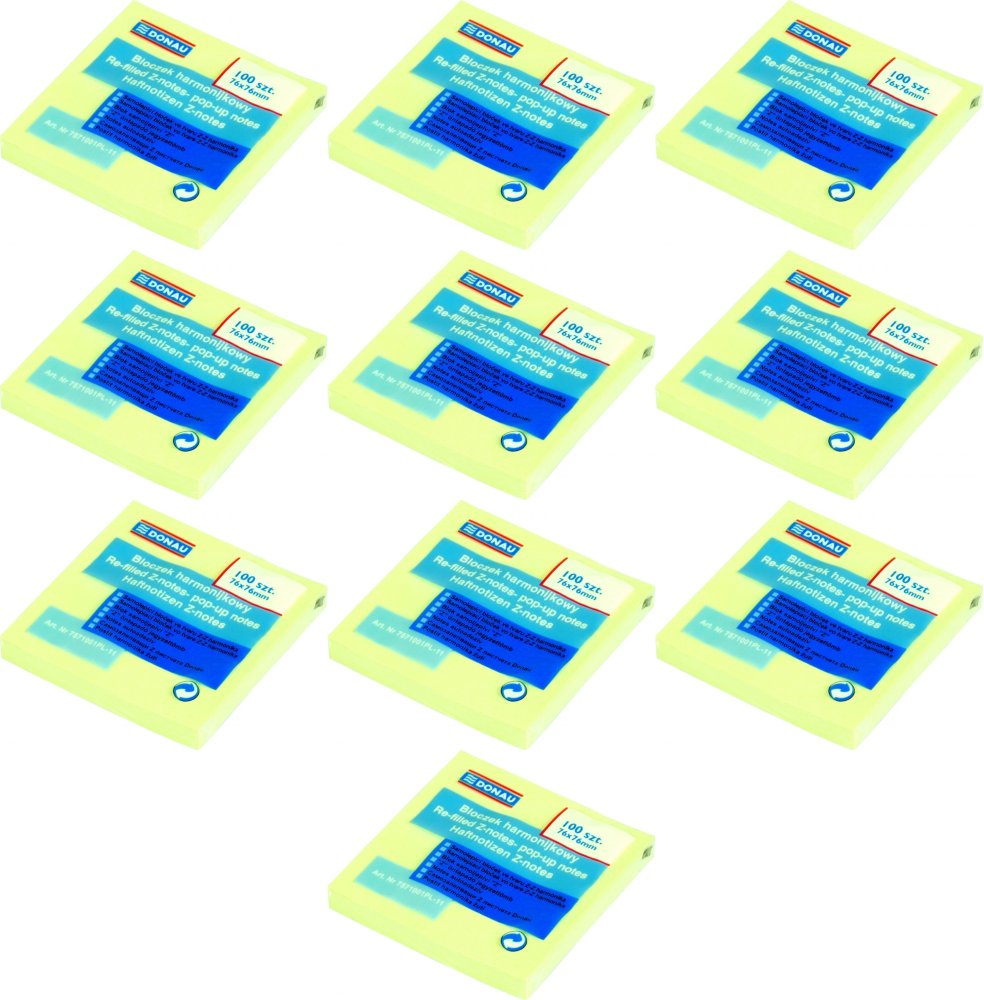 10x Karteczki samoprzylepne typu "Z" Donau, 76x76mm, 100 karteczek, żółty pastelowy