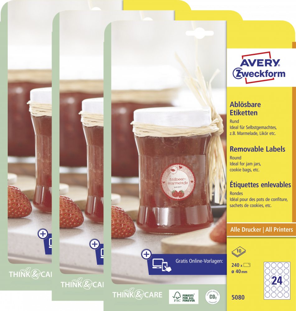3x Etykiety usuwalne na słoiki Avery Zweckform, 40mm, 10 arkuszy, okrągłe, biały