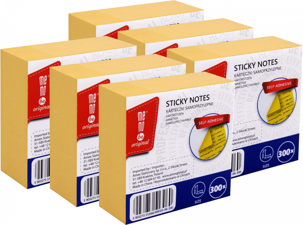 6x Karteczki samoprzylepne MemoBe, 75x75mm, 300 karteczek, żółty