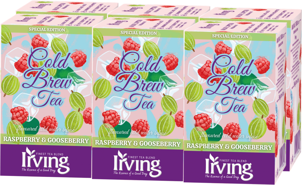 6x Herbata owocowo-ziołowa w kopertach Irving Cold Brew Tea, na zimno, malina i agrest, 20 sztuk x 1.8g
