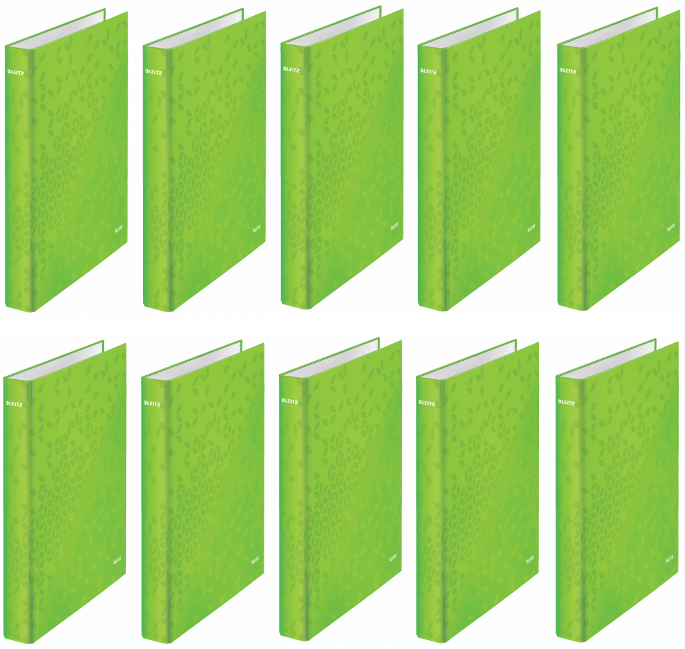 10x Segregator Leitz Wow, A4, szerokość grzbietu 40mm, do 250 kartek, 4 ringi, zielony metalik