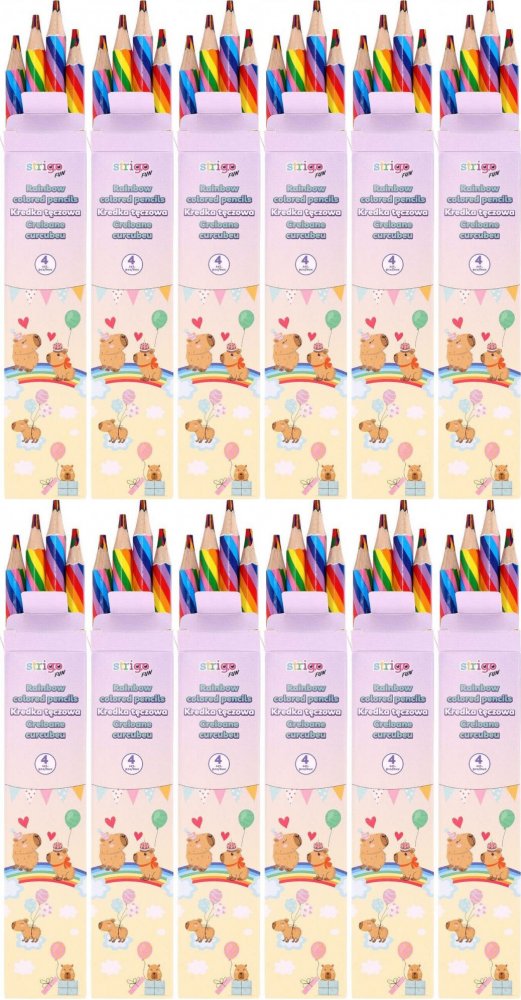 12x Kredki ołówkowe Strigo Capybara, tęczowe, 4 sztuki, mix kolorów
