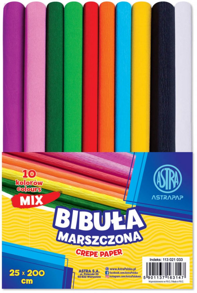 Bibuła marszczona Astra Astrapap, 200x25cm, 10 sztuk, mix kolorów