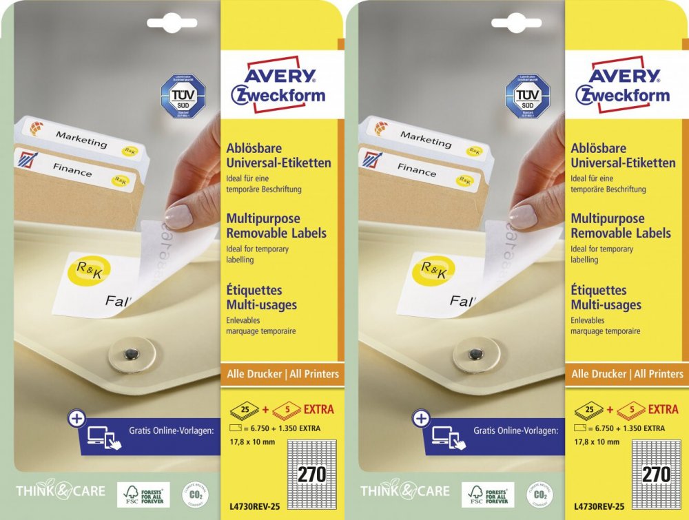 2x Etykiety samoprzylepne usuwalne Avery Zweckform, 17.8x10mm, 25 arkuszy + 5 gratis, biały