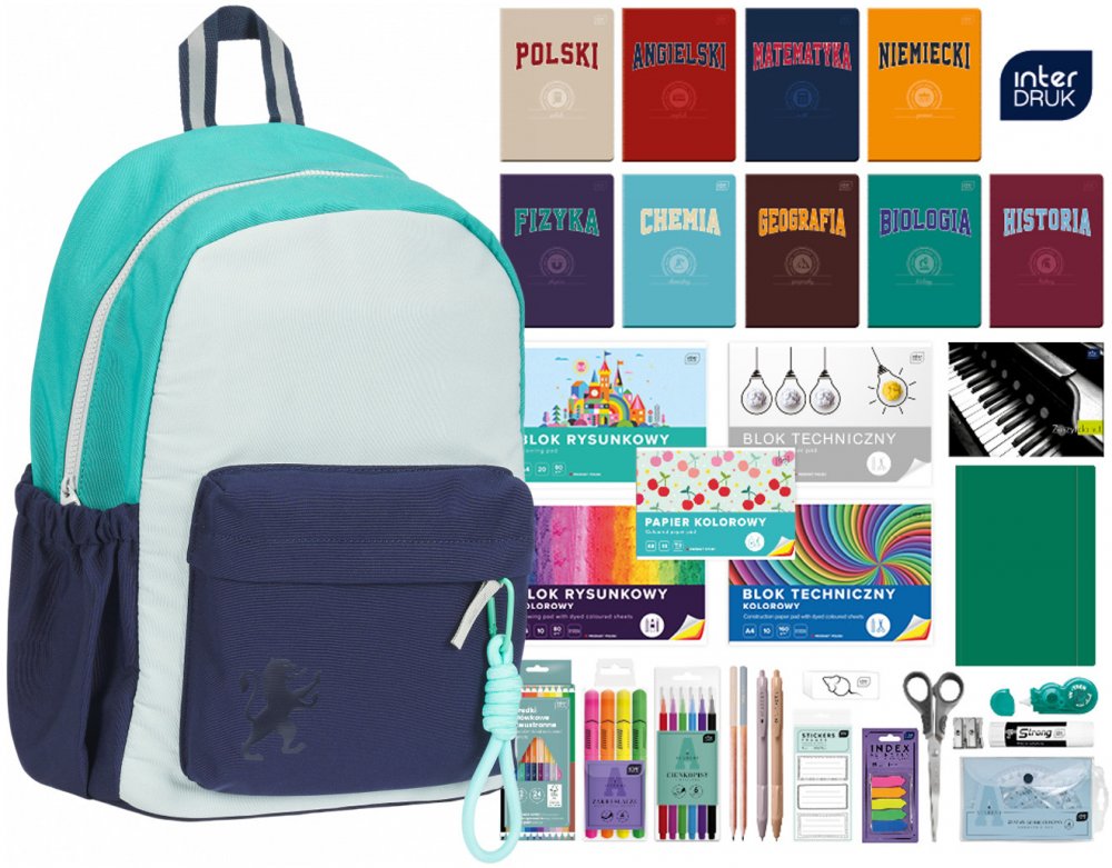 Zestaw: Plecak szkolny Oxford Funky, turkusowo-granatowy + Wyprawka szkolna Interdruk, do klas 4-8