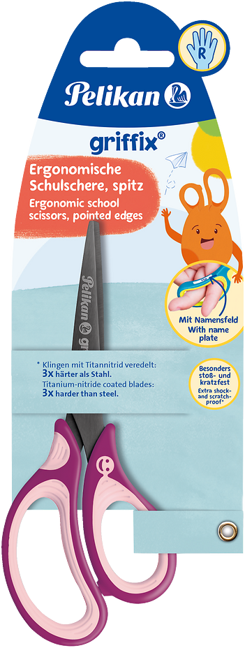 Nożyczki dla dzieci Pelikan Griffix, tytanowe, 15cm, fioletowo-różowy