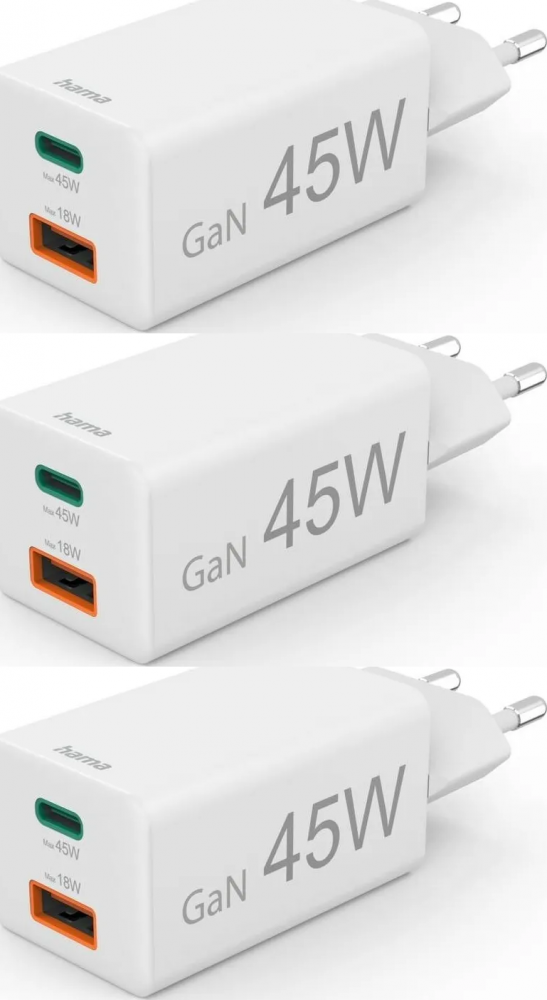 3x Ładowarka do telefonu Hama Mini, Power Delivery Quick Charge, GaN, USB-C/USB-A, 45W, biały