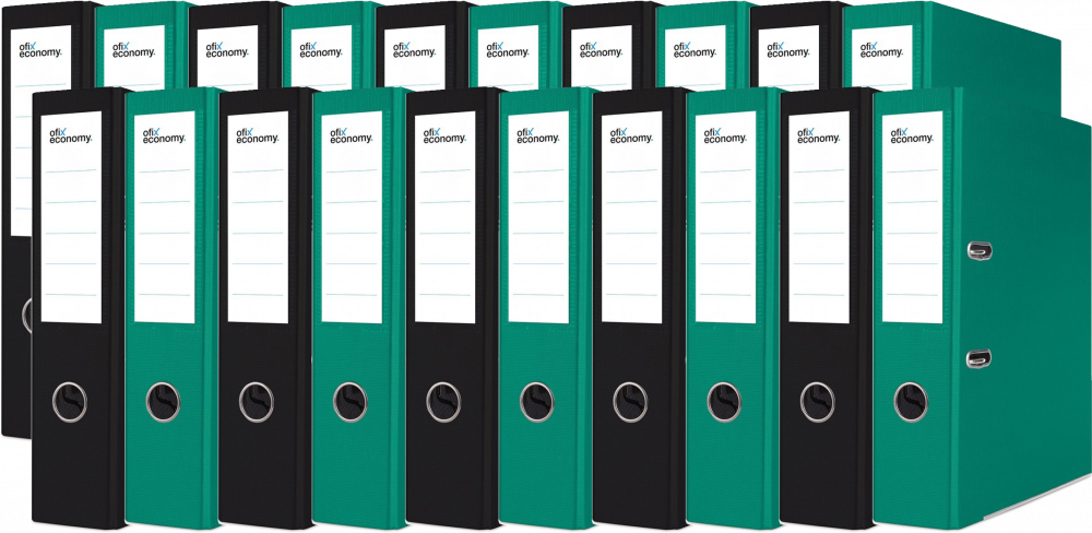 Zestaw 20x Segregator Ofix Economy, A4, szerokość grzbietu 75mm, do 500 kartek, czarny/zielony